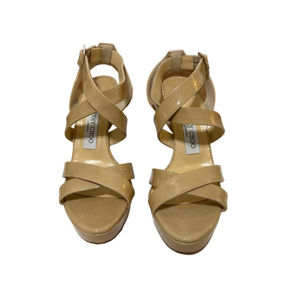 Jimmy Choo Nude‎ Patent Louisa Crisscross Platform heels size 38 $795 - Picture 6 of 9